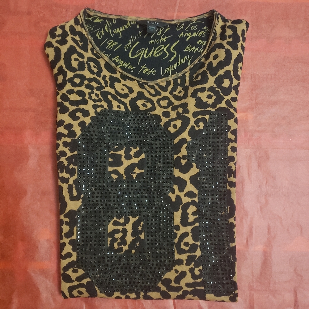 Guess Leopard Print "81" Stamped Tunic short sleeve  XSmall Preloved Viintage - Picture 7 of 16
